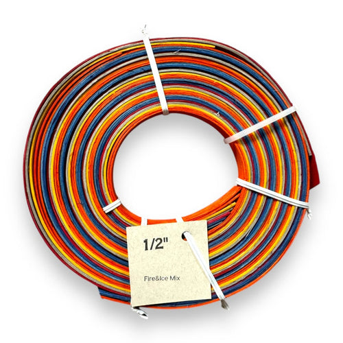 Coil of 1/2" Fire & Ice Mix Dyed Flat Reed with product tag.