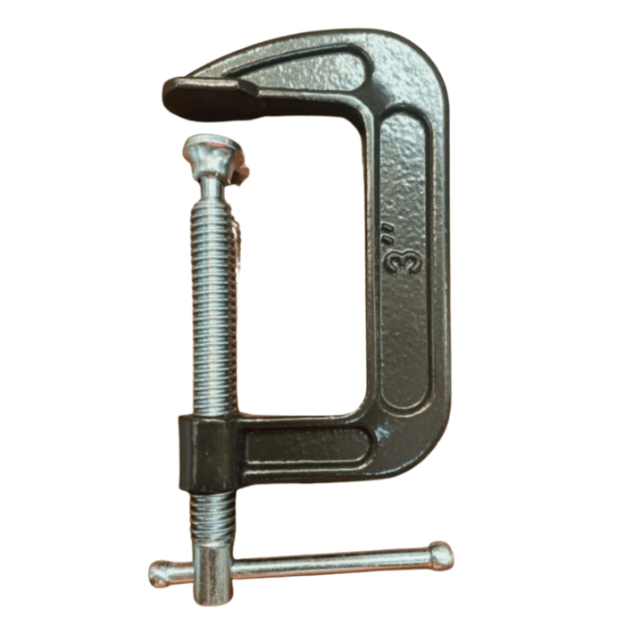 Close up of a 3 inch C-clamp from HH Perkins on white background.