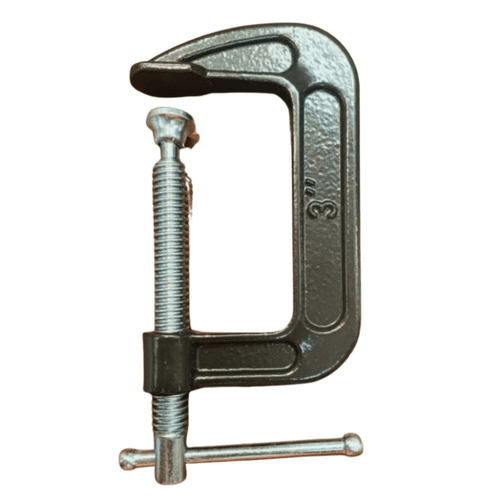 Close up of a 3 inch C-clamp from HH Perkins on white background.