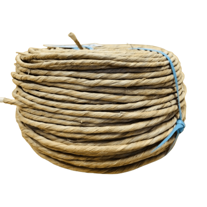 Two pound coil of Medium sized Pre Twisted Natural Rush on white background at HH Perkins.