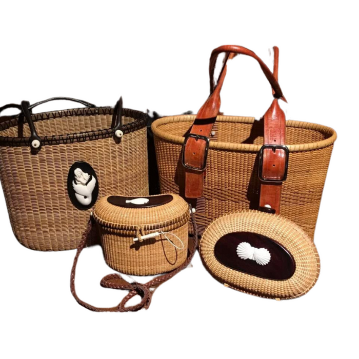9" Flatback Clutch Purse Kit featuring handcrafted Nantucket Lightship baskets in various styles and sizes.