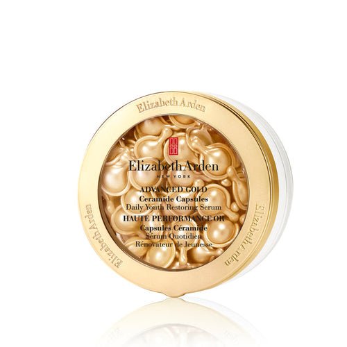 Elizabeth Arden Advanced Gold Ceramide Capsules Daily Youth Restoring Serum, gold-lidded pot filled with golden single-dose serum capsule
