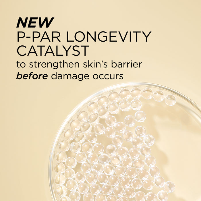 New P-PAR Longevity Catalyst in Advanced Gold Ceramide Capsules, shown as clear spheres in a petri dish, strengthening skin's barrier before damage occurs