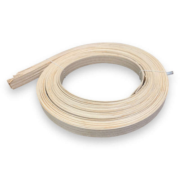 Wooden ash splint strips from HH Perkins tied together neatly in a coil on a white backdrop.