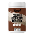Collagen hot chocolate with magnesium supplement container on a white background
