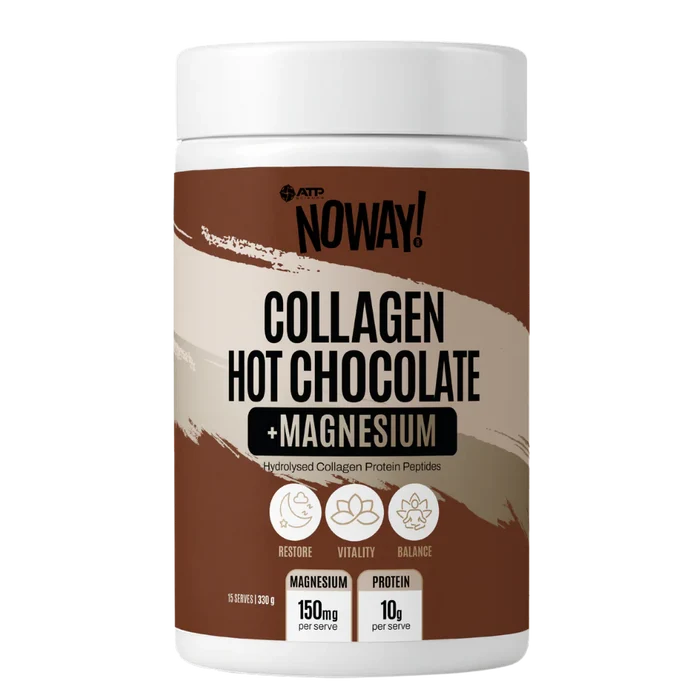 Collagen hot chocolate with magnesium supplement container on a white background