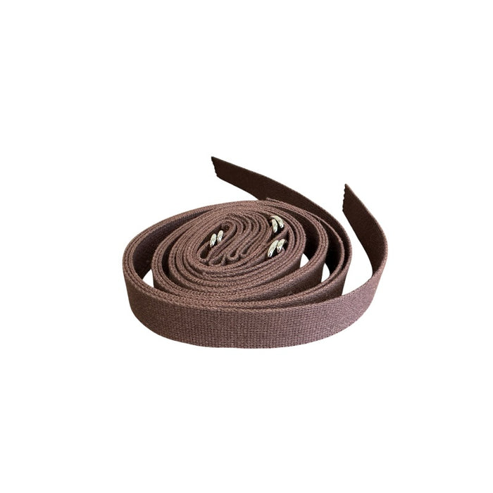 Brown shaker tape backpack straps with metal clasp on a white background