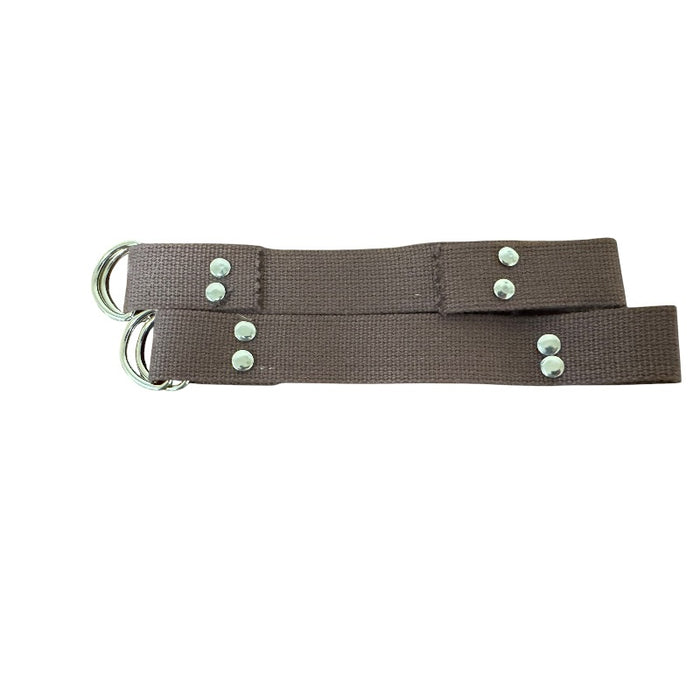 Brown shaker tape backpack straps with metal clasp on a white background