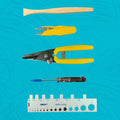 The Basket Weaving Tool Set lined up vertically showing the 5 products included. 5 tools on a blue background.