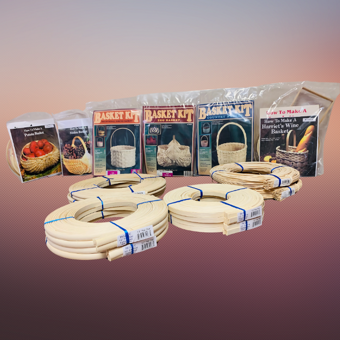 Flat Reeds, Flat Oval Reeds, and Round Reeds laying flat in front of various premade basket weaving kits. The Kits are in the original packaging with directions.