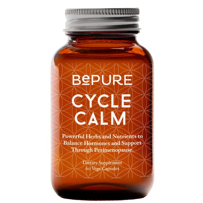 Brown supplement bottle labeled 'Cycle Calm' on a white background