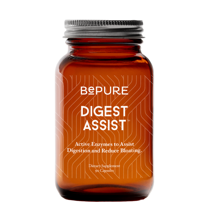 Brown supplement bottle labeled 'Bepure Digest Assist' on a white background