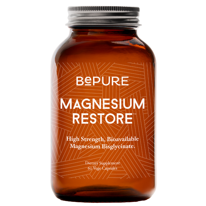 Brown supplement bottle labeled 'Bepure Magnesium Restore' on a white background