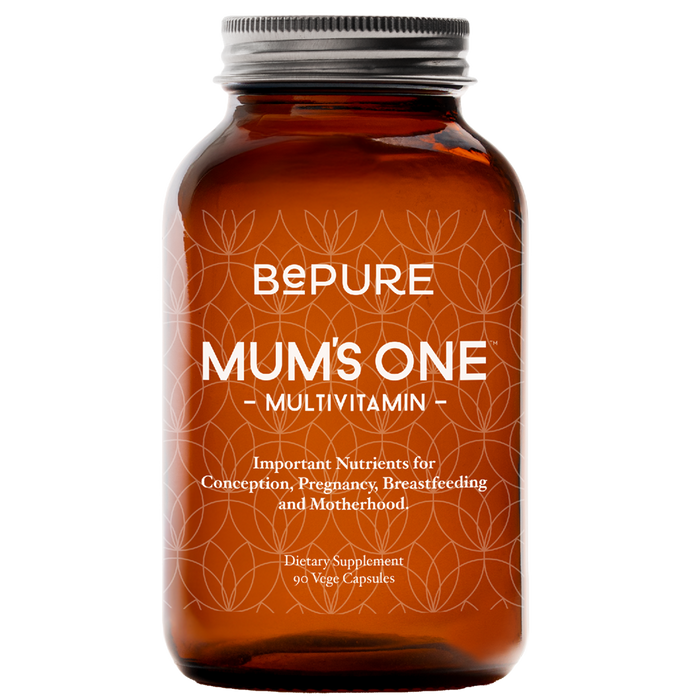Brown supplement bottle labeled 'Bepure Mum's One Multivitamin' on a white background