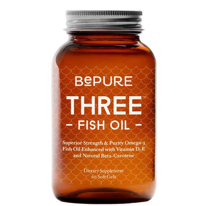 Brown bottle of BEPURE THREE Fish Oil on a white background