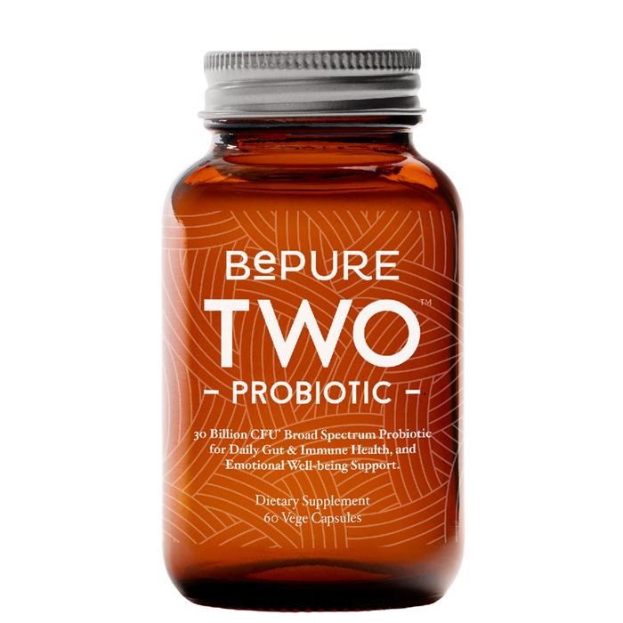 Brown supplement bottle labeled 'Bepure Two Probiotic' on a white background