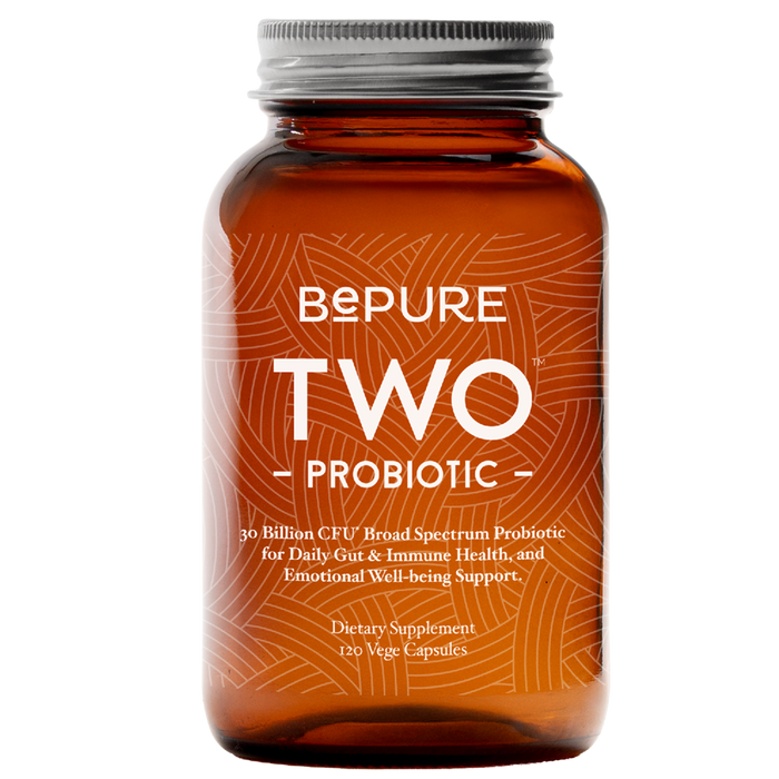 Brown supplement bottle labeled 'Bepure Two Probiotic' on a white background