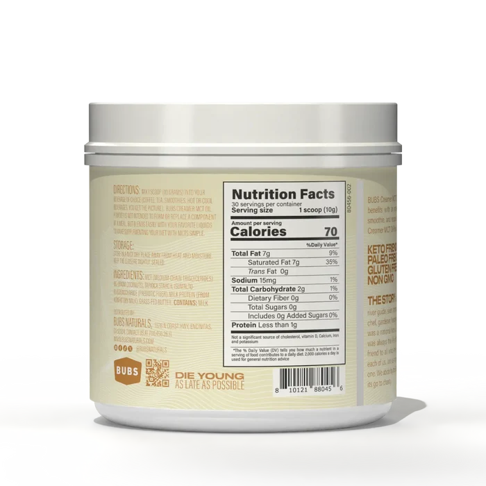 Nutrition facts for BUBS Butter MCT Oil Creamer