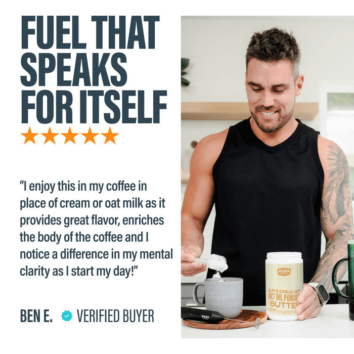 Man preparing BUBS Butter MCT Oil Creamer