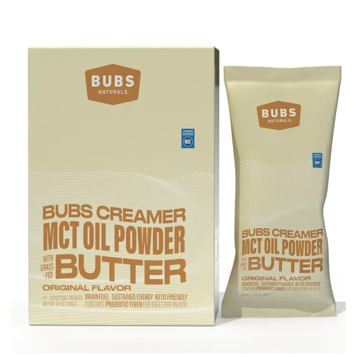 BUBS Butter MCT Oil Creamer tub and travel stick packs