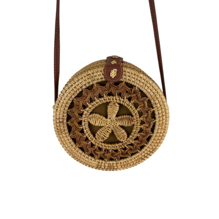 Artisan handwoven Rattan canteen handbag with unique design and brown strap, perfect crossbody purse for all seasons.