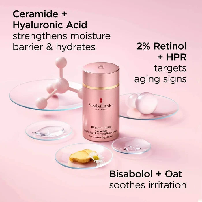 Elizabeth Arden skincare product with ingredients listed on a pink background