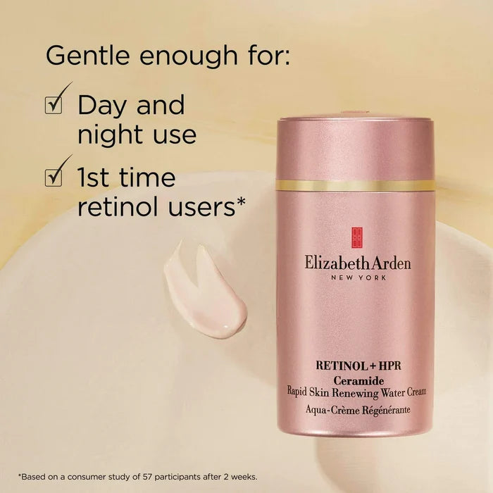 Elizabeth Arden skincare product with text about its use and target users on a beige background