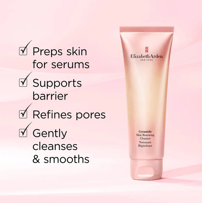 Elizabeth Arden skincare product with text on a pink background