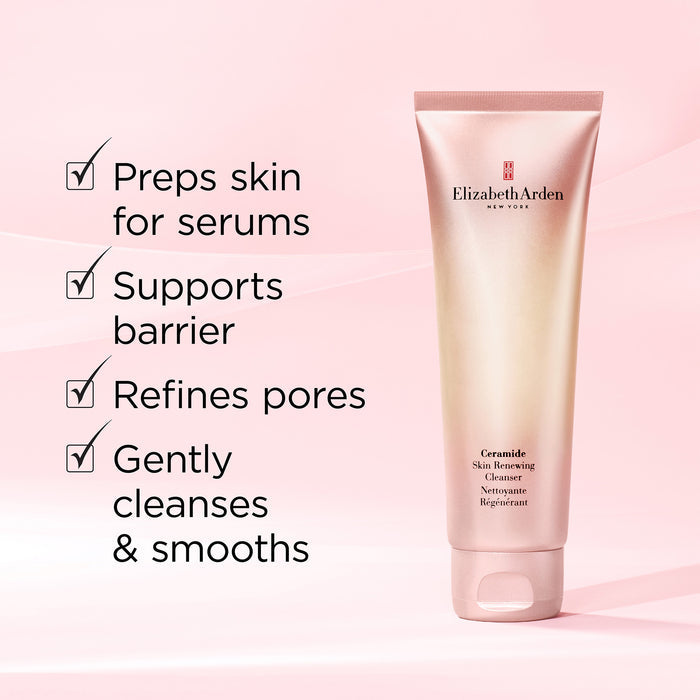 Ceramide Skin Renewing Cleanser highlighting barrier support, pore refining and gentle cleansing benefits