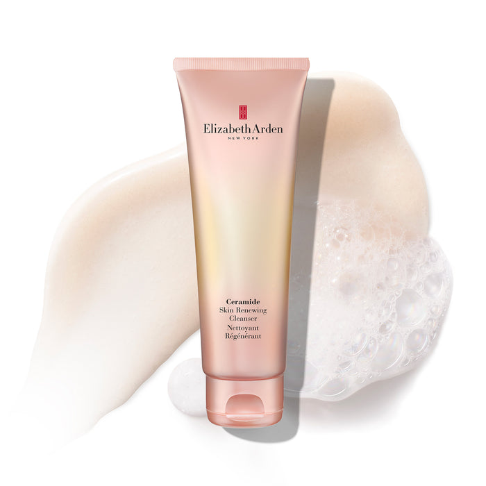 Gel-to-foam texture of Elizabeth Arden Ceramide Skin Renewing Cleanser with creamy lather