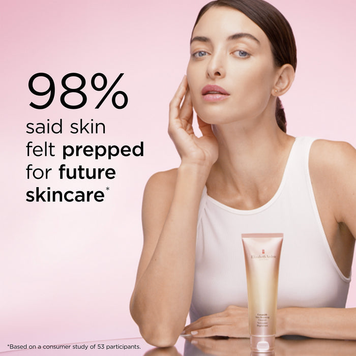 Model using Ceramide Skin Renewing Cleanser with clinical claim that skin feels prepped for skincare