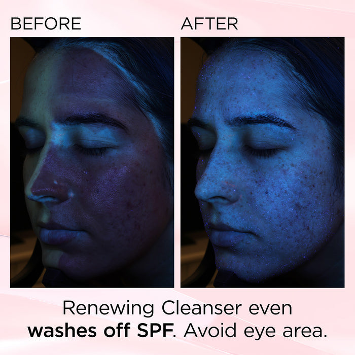Before and after showing Ceramide Skin Renewing Cleanser removing sunscreen and impurities