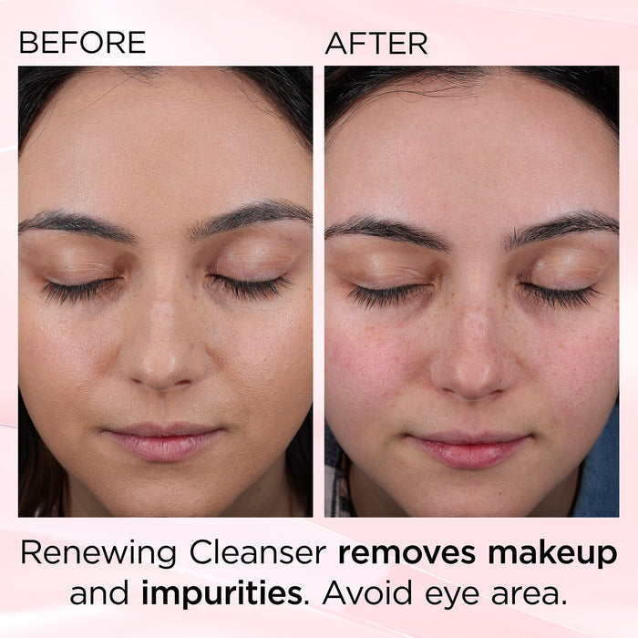 Before and after demonstrating Ceramide Skin Renewing Cleanser removing makeup