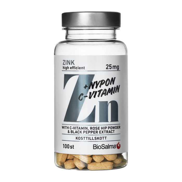 BioSalma cinkas 25 mg su erškėtuogių, vitamino C, imbiero ir juodųjų pipirų ekstraktais — imunitetui, plaukams, odai ir nagams, 100 tablečių