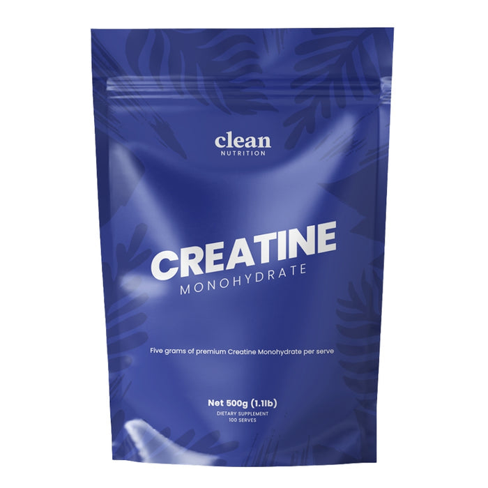 Blue package of creatine monohydrate supplement with 'clean nutrition' branding.