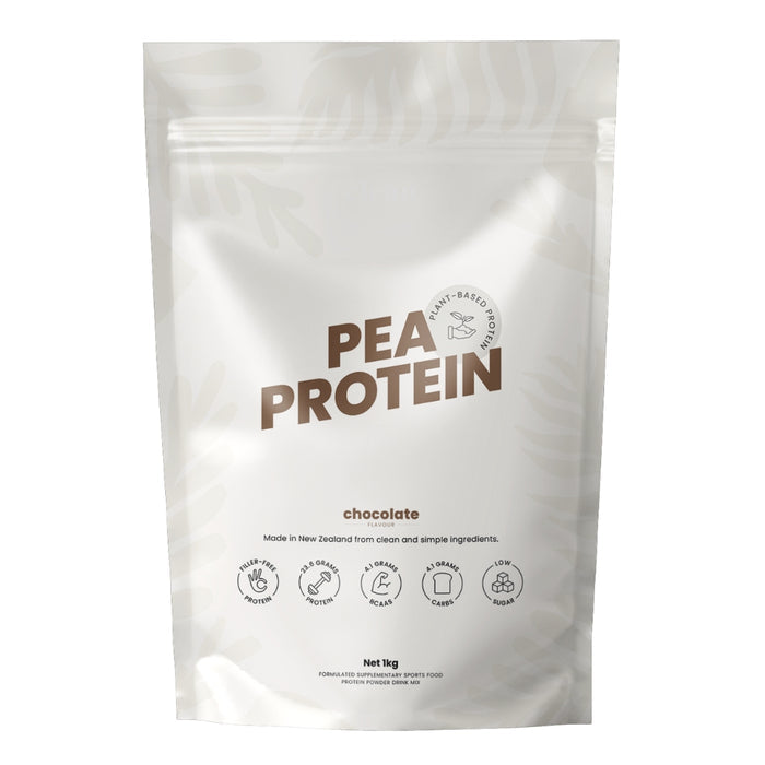 Package of chocolate pea protein on a white background