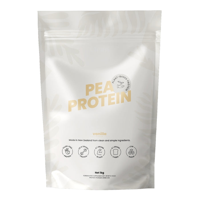 Pea protein package with gold text on a white background