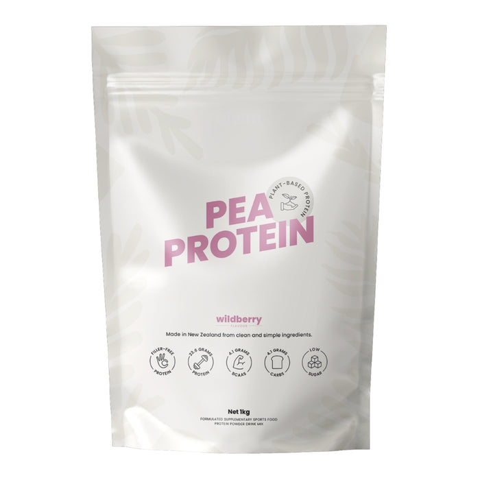White package of pea protein with pink text on a white background