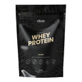 Black whey protein package with 'clean nutrition' branding on a white background. Vanilla flavour