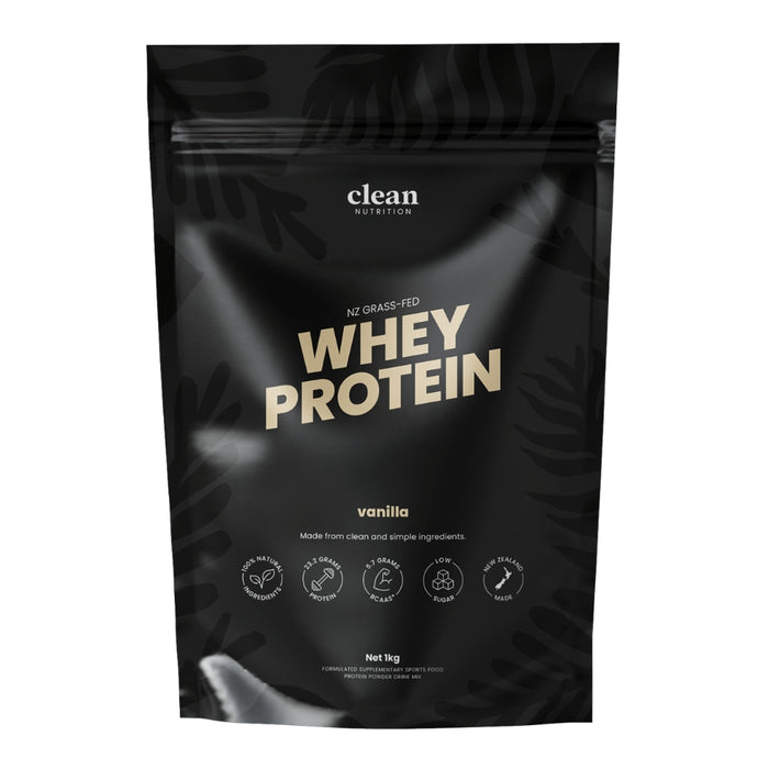Black whey protein package with 'clean nutrition' branding on a white background. Vanilla flavour