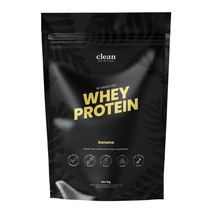 Black whey protein package flavoured banana, with yellow text on a white background