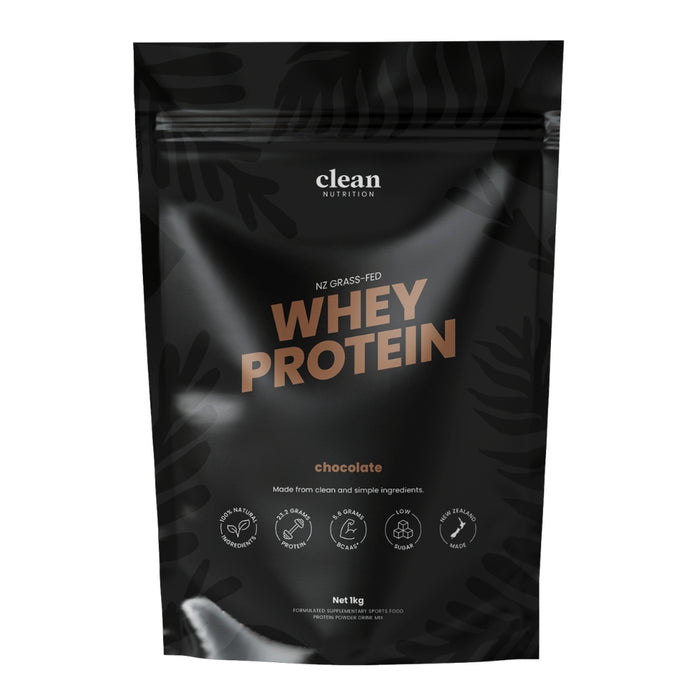 Black packaging of clean nutrition whey protein with chocolate flavor text