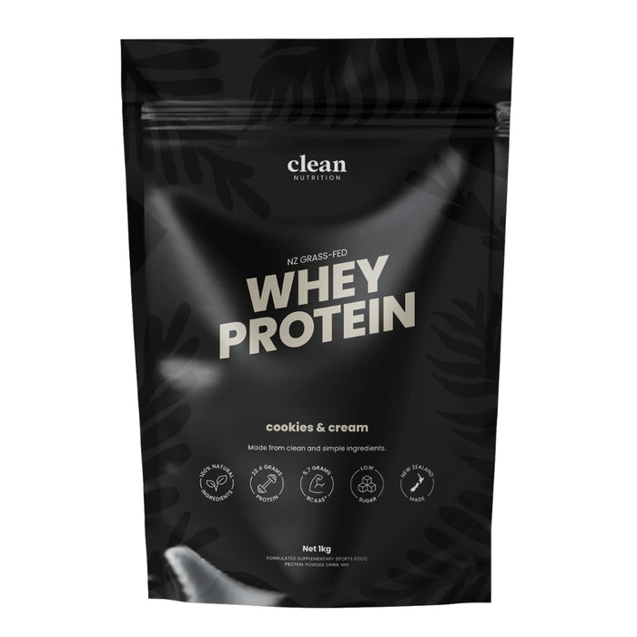 Black packaging of clean nutrition whey protein with 'cookies & cream' flavor on a white background