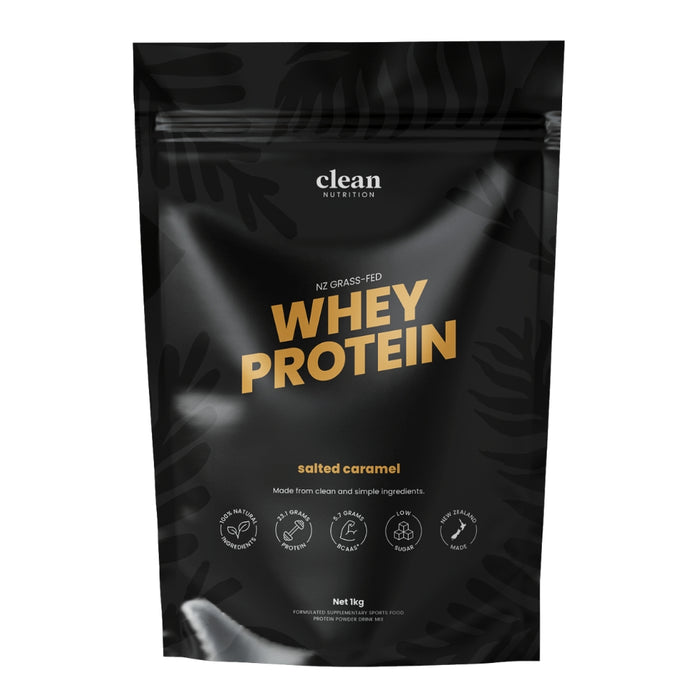 Black packaging of clean nutrition whey protein salted caramel flavour with gold text on a white background