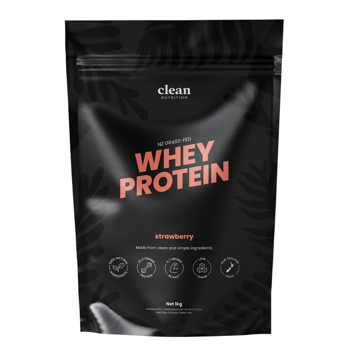 Black package of clean nutrition whey protein with strawberry flavor on a white background