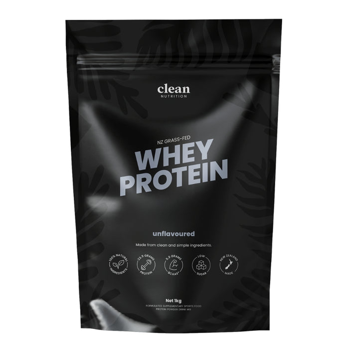 Black packaging of clean whey protein with white text on a white background. Unflavoured