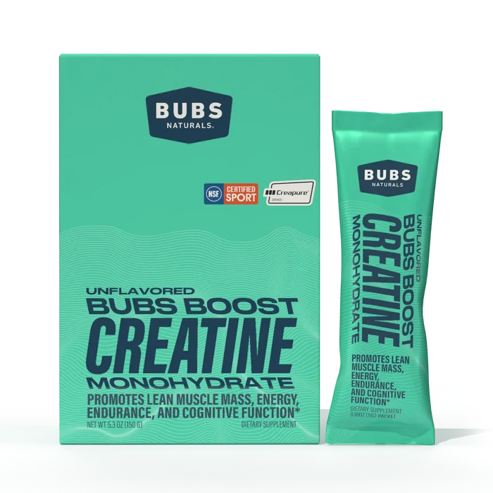 BUBS Boost Creatine Monohydrate stick pack and box