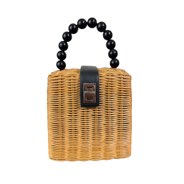 Mini wicker handbag with beaded purse handle and chrome clasp.