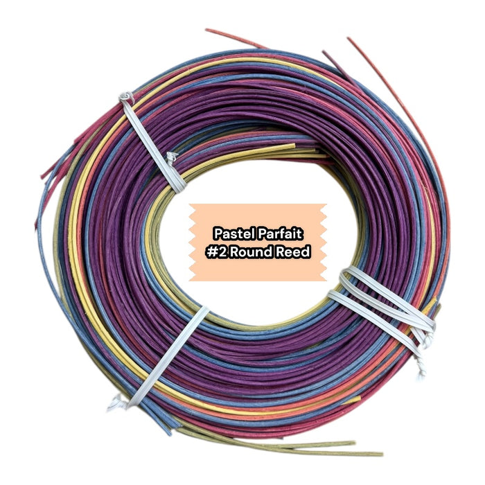 Dyed #2 Round Reed in Pastel Parfait Easter Colors. Product tag and product description in the center.