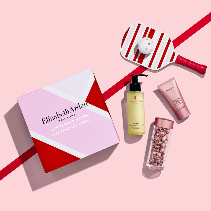 Elizabeth Arden skincare products on a pink background